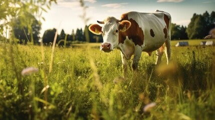 A cow is grazing during the day in a pasture