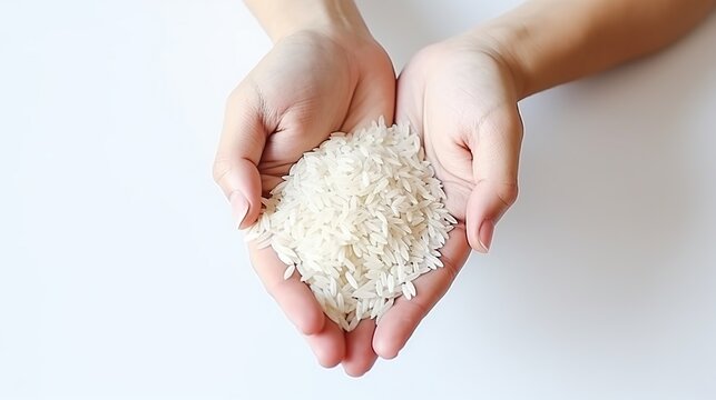Hand holding rice isolated white background. AI generated