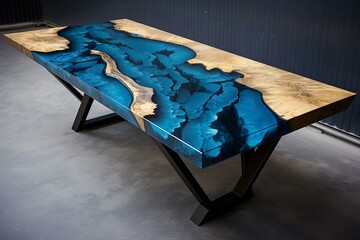 Dining table with marble top, epoxy inserts, resin legs. Blue color theme. High resolution (4k). Generative AI