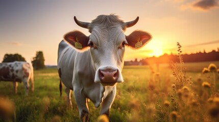a cow stares ahead as the sun sets over a field