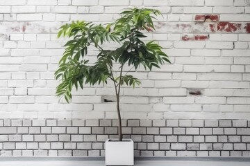 Tropical plant by white brick wall. Generative AI