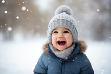 Cute child with happy face wearing a warm hat and warm jacket surrounded with snowflakes. Winter holidays concept.