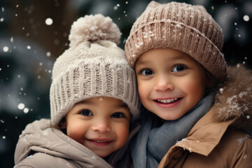 Two cute kids with happy faces wearing a warm hats and warm jackets surrounded with snowflakes. Winter holidays concept.