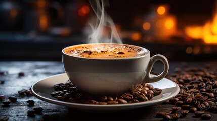 A cup of freshly brewed hot coffee, steam escaping, bright kitchen table background