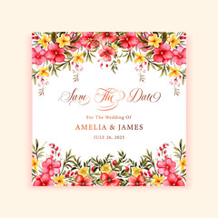 Wedding pastel floral square Save The Date card design with vintage wild watercolor flowers and gold calligraphy, vector template