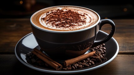A cup of hot chocolate drink on a wooden table background. Top view