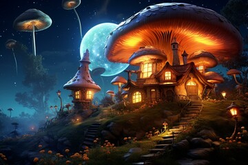 A mushroom house amidst mushrooms, lanterns, night sky, and full moon. Generative AI