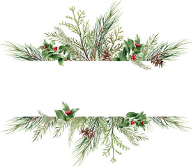 Christmas floral frame. Winter greenery border PNG. Holiday greeting card template. Hand painted watercolor illustration