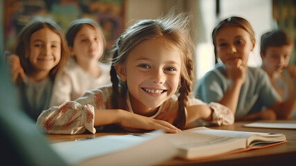children studying in the classroom. learning and sitting at the desk. young cute kids smiling.