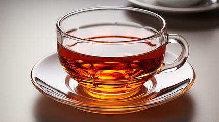 A cup of hot tea in a white glass on a white background