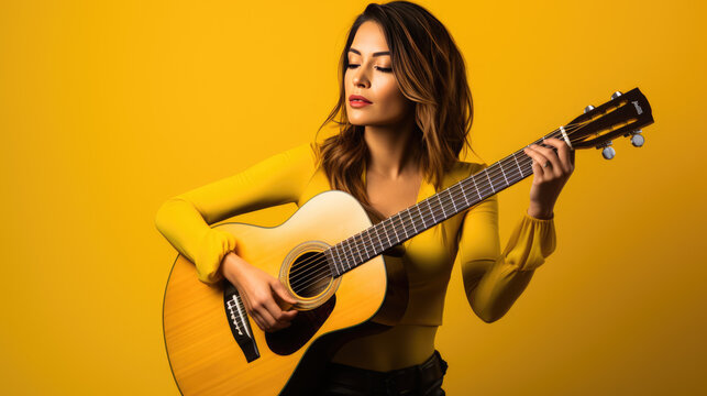 Young attractive woman playing guitar on yellow background