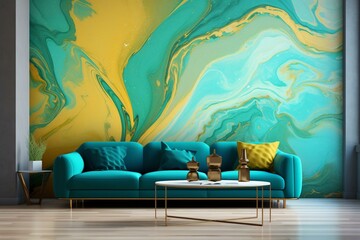 Vibrant marbled wallpaper with green and gold tones, featuring fluid art aesthetics. Generative AI