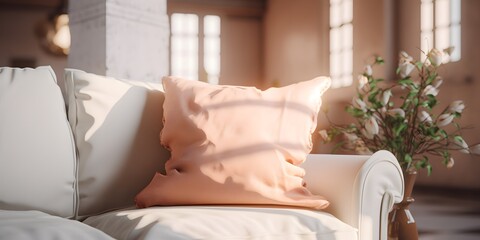 Close up of fabric sofa with white and terra cotta pillows. French country home interior design of modern living room