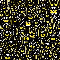 Seamless Black and Yellow Smiling Cat Pattern