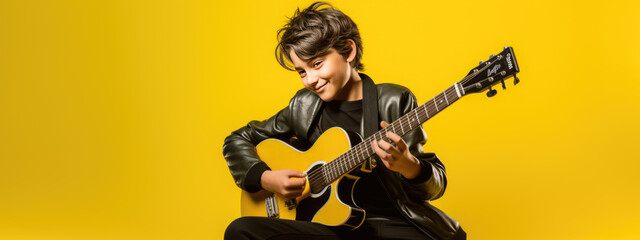 Fototapeta na wymiar Teenage boy playing guitar on yellow background