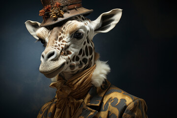 Humanised animals concept. funny character personage. humanized giraffe in suit and tie on dark background. historical portraits