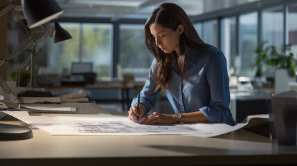 Construction concept of female engineer or architect working making blueprint in office.