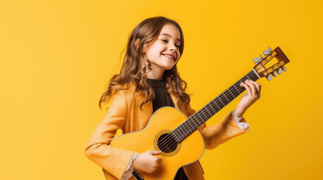 Teenage girl playing guitar on yellow background