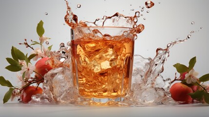 A glass of apple juice with a splash coming out of the glass on a white background