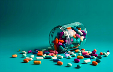 Colorful Pills from a Bottle on Blue Background