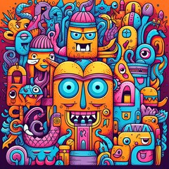 Explosion of Colorful Cartoon Characters and Elements: Bold Lines, Expressive Shapes, and Vibrant Energy Generative AI 