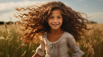 photograph of Sweet little outdoor girl with curly hair in the wind telephoto lens daylight white