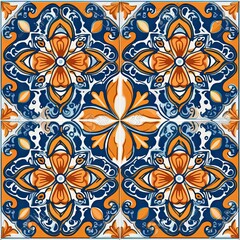 Seamless Portuguese Blue and Orange Tile Pattern Generative AI 