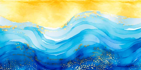 Gordijnen Ocean waves sunny beach seascape cartoon watercolor, blue and yellow background, wavy texture backdrop for copy space text. Happy teal sun and pool wave, summer sky abstract painting mobile web banner © Vita
