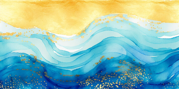 Ocean waves sunny beach seascape cartoon watercolor, blue and yellow background, wavy texture backdrop for copy space text. Happy teal sun and pool wave, summer sky abstract painting mobile web banner