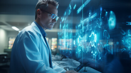 portrait doctor working in futuristic hospital with medical high tech healthcare.