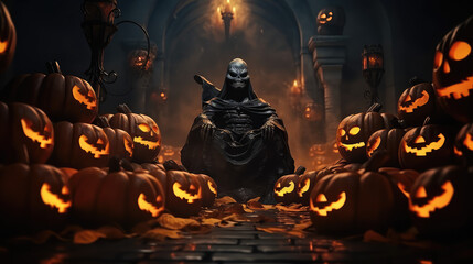 Evil Halloween pumpkins, each carved with unique, sinister expressions, illuminated from within, casting an eerie glow against a dark backdrop, generative AI