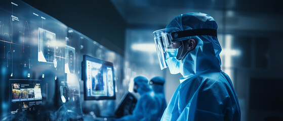 portrait doctor working in futuristic hospital with medical high tech healthcare.
