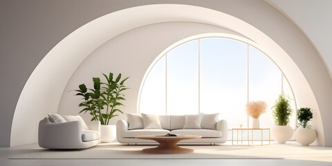 Curved white sofa in room with arch. Minimalist home interior design of modern living room