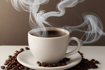 cup of coffee with smoke. Steaming hot coffee and coffee bean on a table with Rich aroma