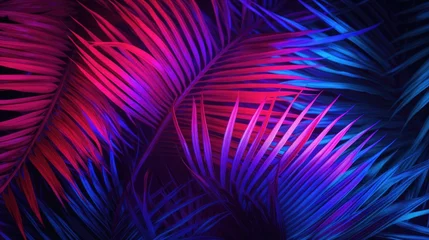 Poster Light and shade on palm leaf background, blue purple toned © brillianata