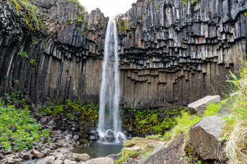 Svartifoss Waterfall in Skaftafell National Park with its famous black basalt columns, Iceland