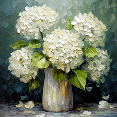 Bouquet of white hydrangeas in a vase, square impasto oil painting. Generative AI