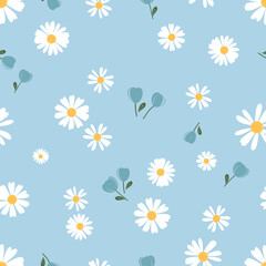 Seamless pattern with daisies and wild flower on blue background vector illustration. Cute floral print.