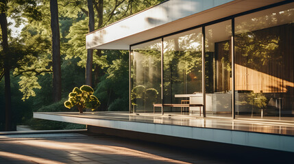 a minimalist house, with clear glass walls as the background