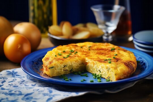 panish omelette with potatoes and onion, typical Spanish cuisine. Tortilla espanola.