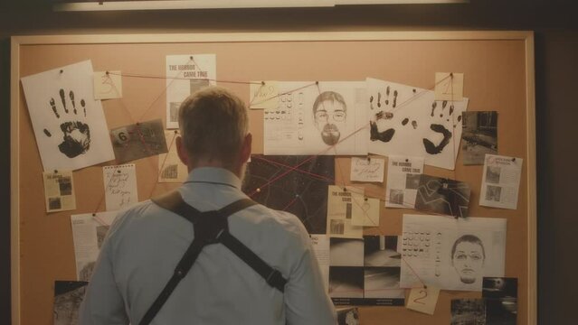 Medium back view shot of gray haired male police detective standing by investigation corkboard hanging on wall filled with collected evidence and suspect info intertwined with red thread
