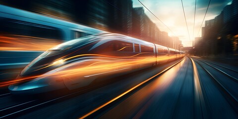 train passing by with long exposure trails of light and dynamic movement, creating a sense of speed and motion - obrazy, fototapety, plakaty