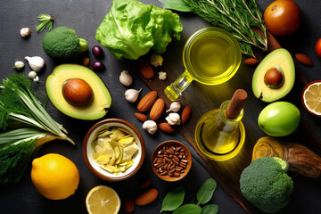 Border liver detox diet food concept, fruits, vegetables, nuts, olive oil, garlic.generative ai