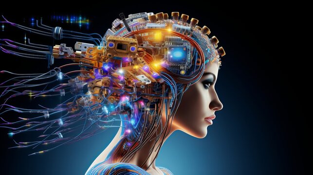 Hybrid brain and a body enhanced by electronics and mechanics, concept: cyborg - Powered by Adobe