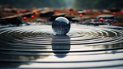  a circular pool of water with a reflection of a sphere.  generative ai