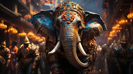  an elephant with decorations on its trunk in a crowded street.  generative ai