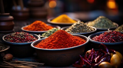  bowls of different colored spices on a table with other spices.  generative ai