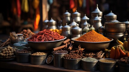  a table topped with bowls filled with different types of spices.  generative ai