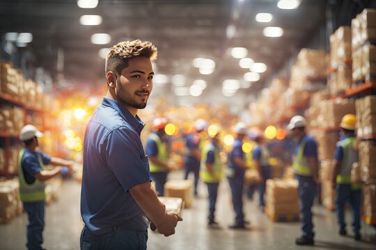 Blurred image of warehouse employees in action. ai generative