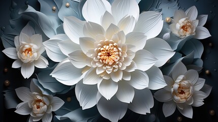  a large white flower surrounded by smaller white flowers on a black background.  generative ai